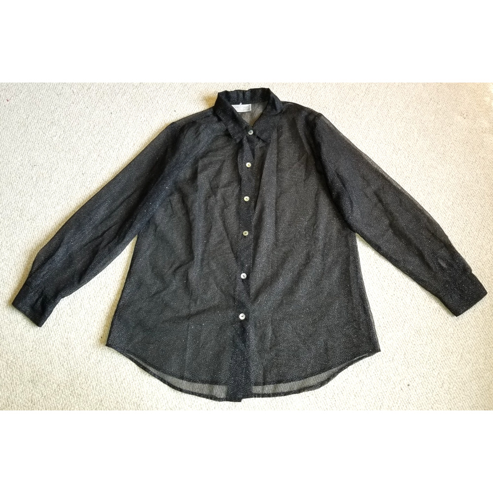 VINTAGE Womens Top-CAMILLE CLAUDEL-black speckled silky sheer button-up ls-L